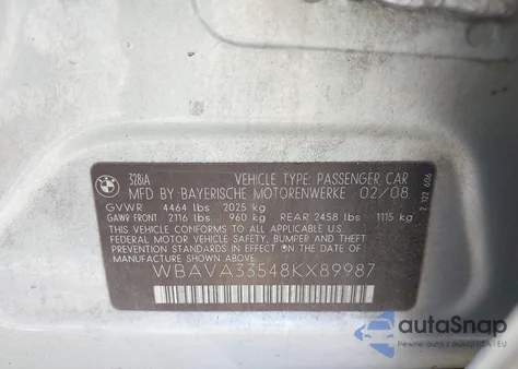 2008 BMW 328I z USA, uszkodzony, nr VIN WBAVA33548KX89987